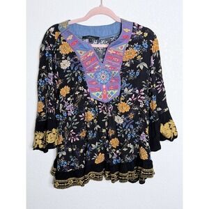 Caleooa Boho Embroidered Top L Floral Ruffled Flowy Peasant